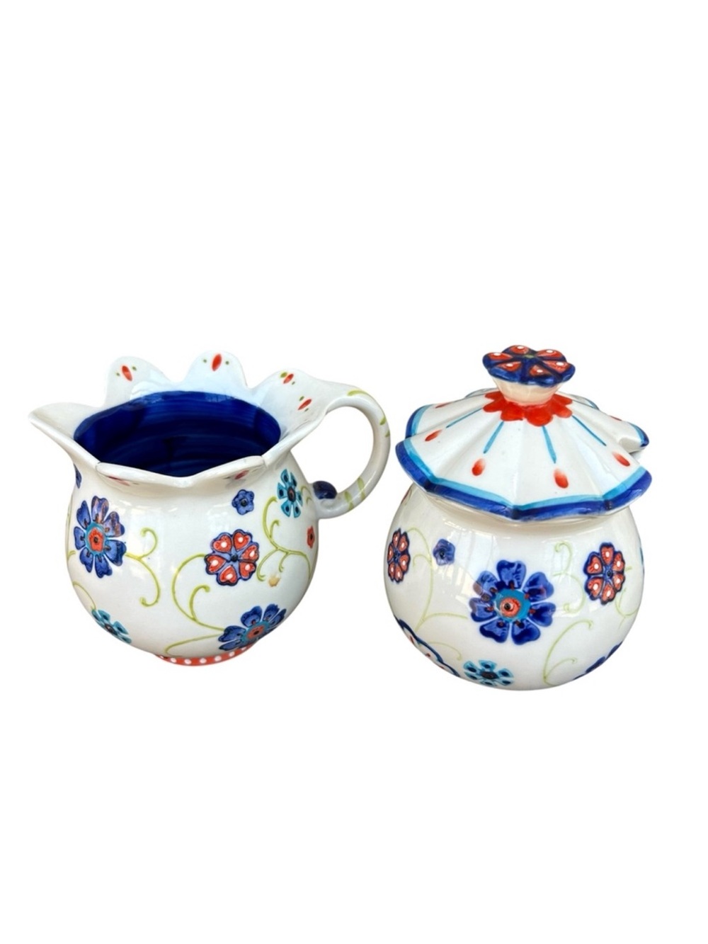 Anthropologie Hand Painted Colorful Floral Ceramic Creamer and Sugar‎ Set.